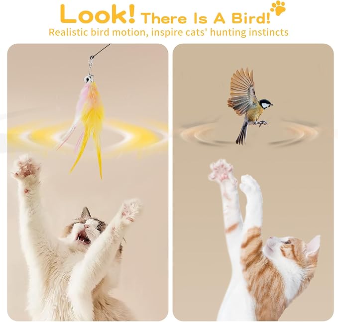 Pawaboo Feather Teaser Cat Toy, Interactive Feather Wand Cats Toy Flying Feathers Cat Catcher with Extra Long 34.5" Wand and Small Bell, Exerciser Playing Toys for Kitten or Cats, Pink+White+Yellow