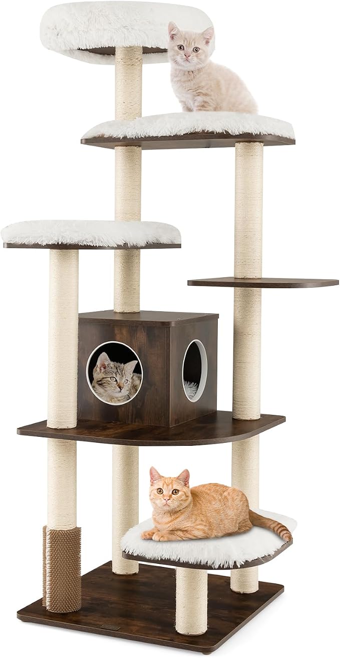 Tall Cat Tree for Indoor Cats, 71 Inches Multi-Level Modern Cat Tower with Plush Perch, Cozy Condo, Platforms, Sisal Scratching Posts, EVA Massage Comb & Removable Cushions (Brown)