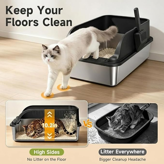 Stainless Steel Litter Box with High Sides, Include Scoop, Black | Easy Cleaning Anti-Urine Leakage Non-Sticky Open Top Low Entry