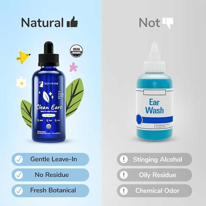 kin+kind Clean Ears - Natural Leave-in, No-Rinse Dog Ear Cleaner Solution - USDA Organic, Non-Greasy - 4 fl oz