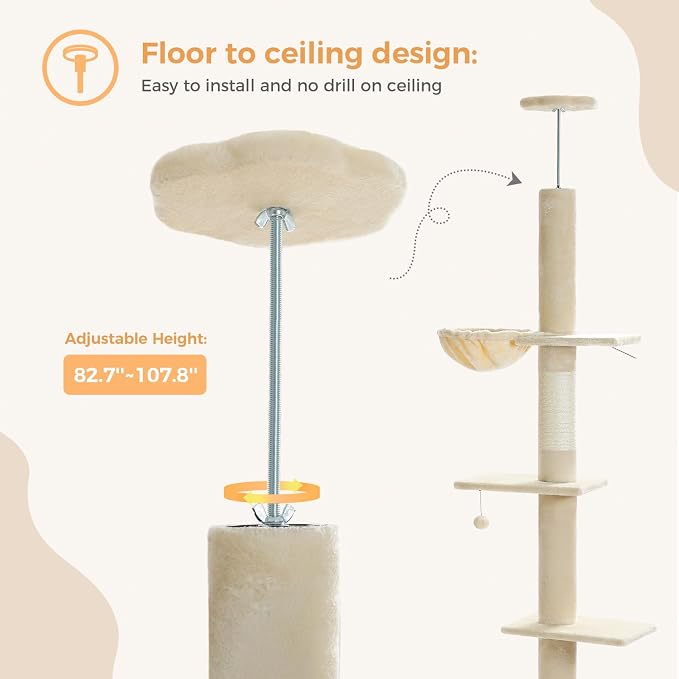 PEQULTI Floor to Ceiling Cat Tree, Adjustable 83-108in 5-Level Tower, Beige | Tension-mounted tall cat tower with 5 levels, cozy condo, hammock & sisal scratching post; wide base for indoor adult cats
