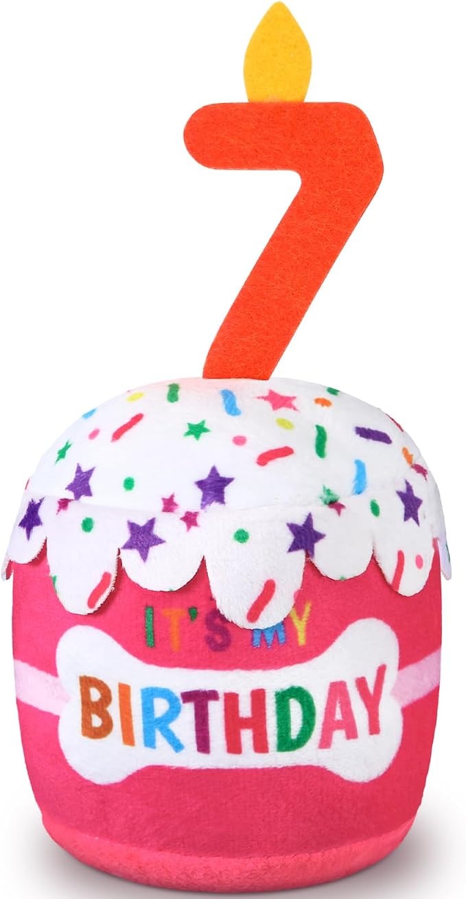 Dansydaisy Dog Birthday Cake Toy Squeaky Plush Toy for Girl Boy Gifts, Chew Accessories for Dog Birthday Party Decor Favor for Large, Medium and Small Dogs(7th,Pink)