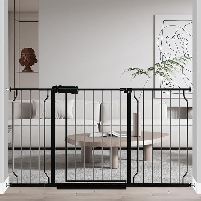 Fairy Baby Extra Wide Baby Gate Black 53-57.5 Inch Wide, Walk Through Pressure Mounted No Drill for Doorways, Long and Large Tension Gate for Pet and Kids