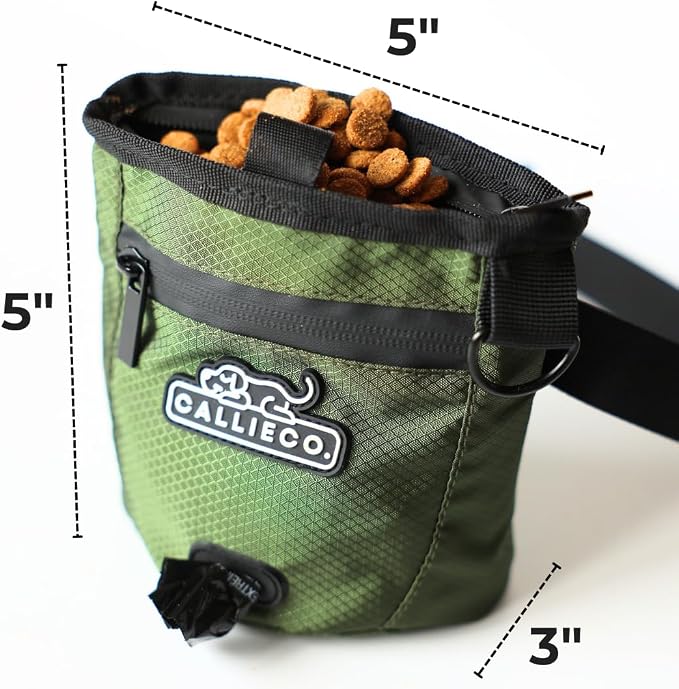 Callieco Mini Dog Treat Pouch with Magnetic & Zipper Closure | Small Waist Belt Training Behavior Aid Bag for Dog Walking with Poop Bag Dispenser (Green)