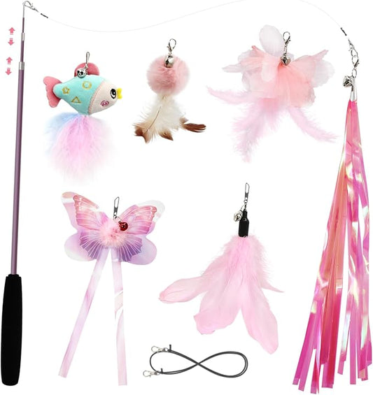 SONGWAY Cat Wand Toys for Indoor Cats - Cat Toy Set with Retractable Teaser Wand and 6 PCS Fairy Feather Toy Refills, Butterfly Tassel Plush Cat Toys Interactive, Pink