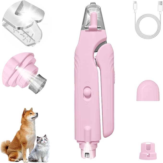 2-in-1 Dog Nail Clippers and Cat Nail Clippers with Light, Quick Sensor and Safety Guard, USB Rechargeable Pet Nail Trimmer with 2 LED Lights for Large Medium Small Dogs and Cats (Pink)