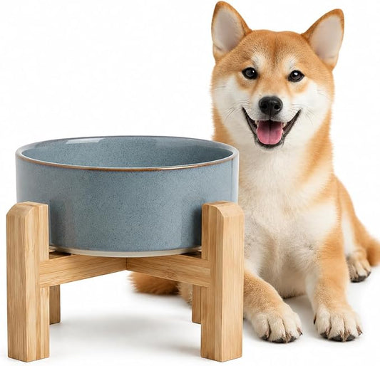 hjn Elevated Ceramic Dog Bowl with Bamboo Stand, Raised Pet Feeding Station for Small Medium Dogs Cats, Modern Design with Anti-Slip Base (Gray Blue, 3.6Cup)