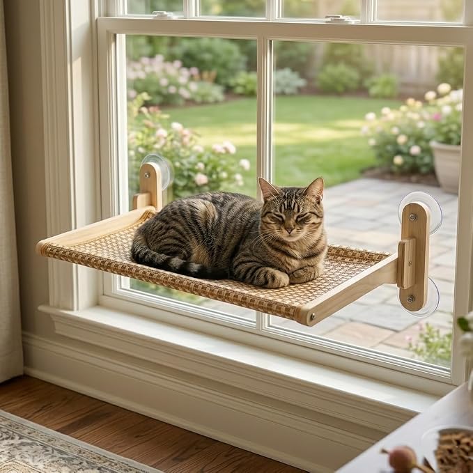 Foldable Window Sill Cat Bed with Cushion and Suction Cups—Features an Orthopedic Hammock Design, Crafted from Premium Hardwood and Equipped with Suction Cups (Styles of Bamboo Mats, 24X13X9)