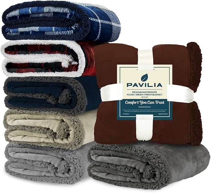 PAVILIA Waterproof Blanket for Couch, Sofa | Pet Protector for Large Dog, Puppy, Cat | Plush Soft Warm Fuzzy Sherpa Throw | Plaid Navy, 60x80