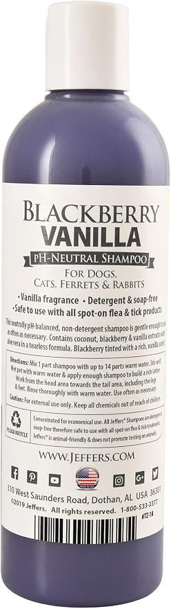 Jeffers Pet BlackBerry Vanilla Shampoo for Dogs & Cats, 17 oz – Coconut Based Soap Free Grooming Shampoo, pH Balanced Pet Wash, BlackBerry Tinted Vanilla Scent, Gentle Cleanser for Puppies & Kittens