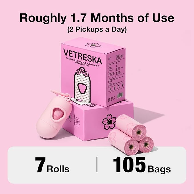VETRESKA Dog Poop Bag Dispenser with Cherry Blossom Scented Poop Bags, Leak Proof and Extra Thick Pet Waste Bags, 1 Poop Bag Holder and 105 Bags for Dog Walking and Cats Litter, Pink