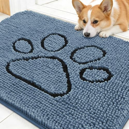 OLANLY Dog Door Mat for Muddy Paws 30x20, Paw Print Design Chenille Mud Mat