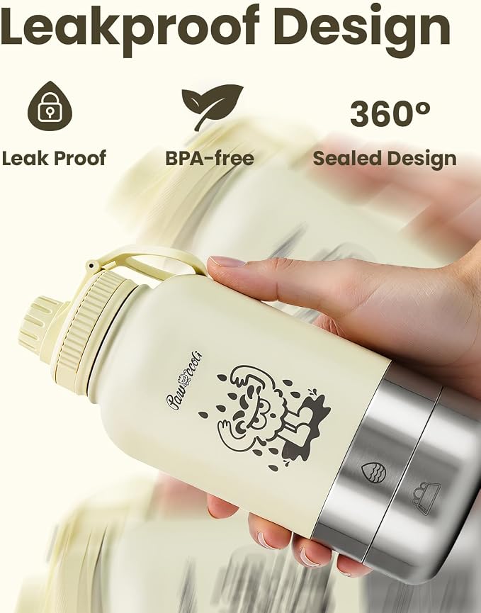 34oz Dog Water Bottle, Stainless Steel Dog Water Bottle Dispenser with Detachable Food & Water Bowls, Keeps Water Hot/Cold, for Walking, Hiking, Camping(Cream)