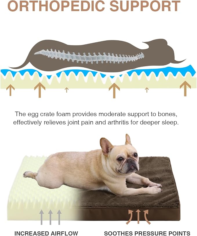 KSIIA Orthopedic Dog Bed for Small Dogs with Waterproof Lining, Brown,23x17 | Deluxe Soft Plush Dog Crate Bed, Washable Pet Mat with Removable Cover & Egg Crate Foam for Small Dogs Sleeping & Relaxing