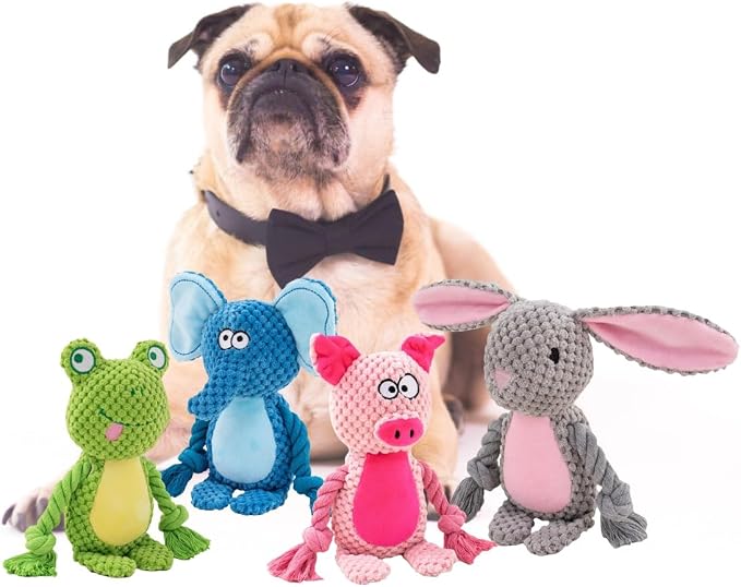 Cotton Rope Squeaky Dog Toy with Crinkle Paper – Interactive Plush Chew Toy for Small & Medium Puppies, Frog Design