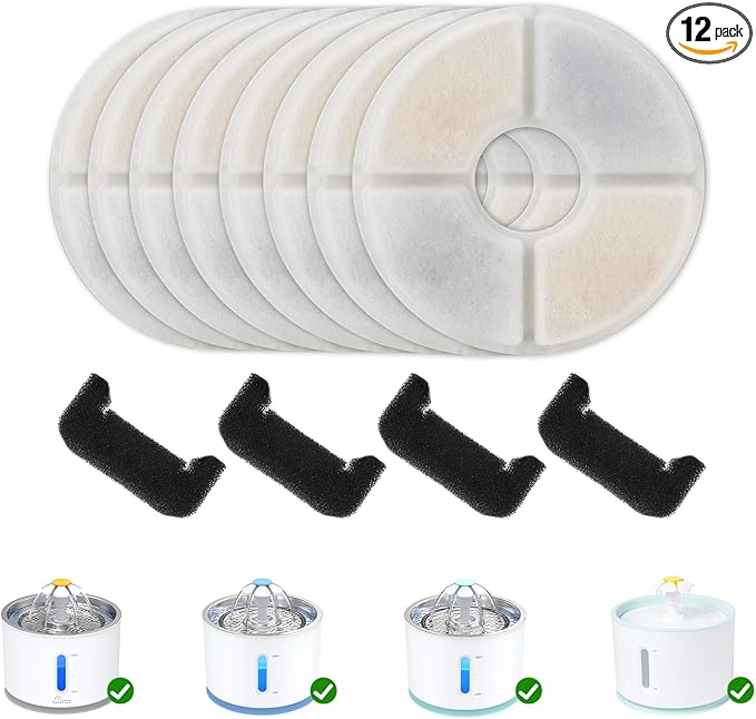 Wonder Creature Cat Fountain Filter Replacement for Round Stainless Steel Top Cat Fountain, 8 Carbon Filters 4 Foam Filters Pack