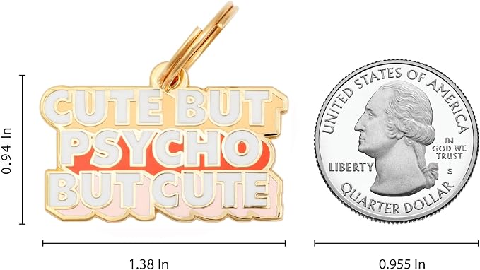 Two Tails Pet Company Personalized 'Cute But Psycho' Pet ID Tag & Collar Charm - Custom Engraved Dog Tags for Pets - Luxury Brass, Gold Plating