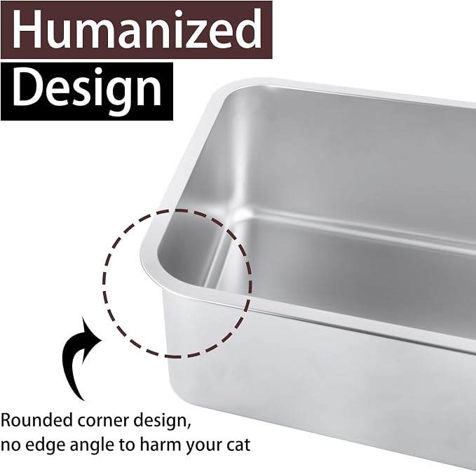 Stainless Steel Cat Litter Box for Adult Cats or Kitty/Kitten 19.5"x13.6"x6" Rust-Proof, High Side, Non Stick, No Smell, Easy to Clean Metal Cat Litter Box