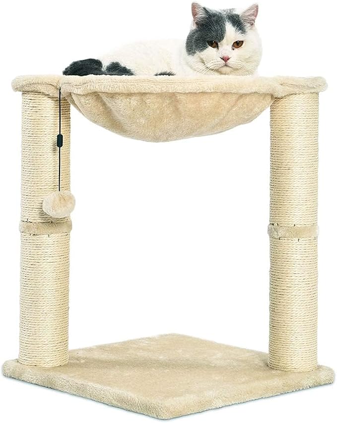 Amazon Basics Cat Tower with Hammock Bed and Scratching Post for Indoor Cats, Easy to Assemble, Interactive Hanging Ball, 15.8" x 15.8" x 19.7", Beige