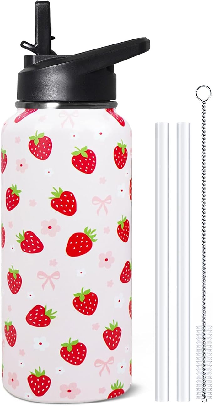 32oz Strawberry Stainless Insulated Aater Water Bottle with Straw,Strawberry Floral Gym Hiking Sports Coffee Mug Cup Water Bottles,Strawberry Themed Gifts for Women,Strawberry Decor Stuff Accessories