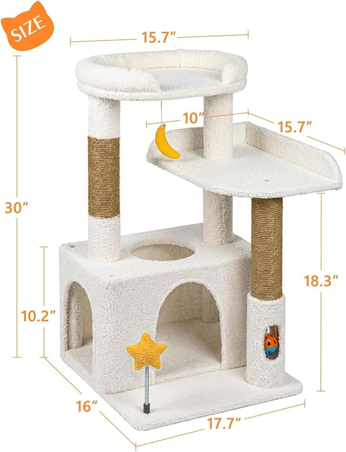 30" Kitten Cat Tower, Compact Beige Cat Tree with Condo & Perch | Plush Finish, Cozy Condo, Soft Top Perch, Sisal Scratching Post, Dangling Ball Toy, Anti-Tip Base, for Cats up to 15 lbs