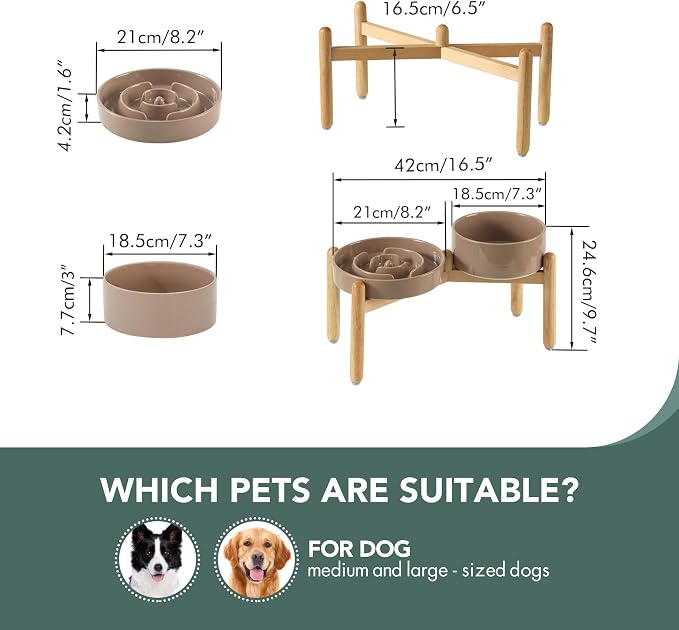 Havniva 8.2” Raised Slow Feeder Dog Bowls Set, 1.6 Cups Ceramic Slow Feeder Dog Bowl and 7.3” Dog Water Bowl with Elevated Wooden Stand Puzzle Dog Food Bowl for Medium Dogs Anti-Gulping & Anti-Choking
