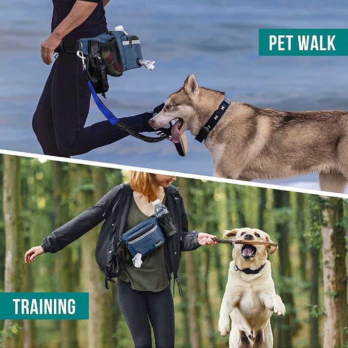 PetAmi Dog Fanny Pack, Treat Pouch for Dog Walking Training, Navy Blue | Built in Poop Bag Dispenser, Water Bottle Holder, Collapsible Bowl, Pet Treat Waist Belt for Hiking Running Kibbles