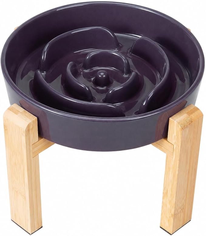Elevated Slow Feeder Dog Bowl Large Breed, 8.8 Inch Ceramic Slow Eating Bowl with Bamboo Stand, Anti-Choking Raised Maze Design for Medium to Large Dogs, 3.2 Cup, Purple
