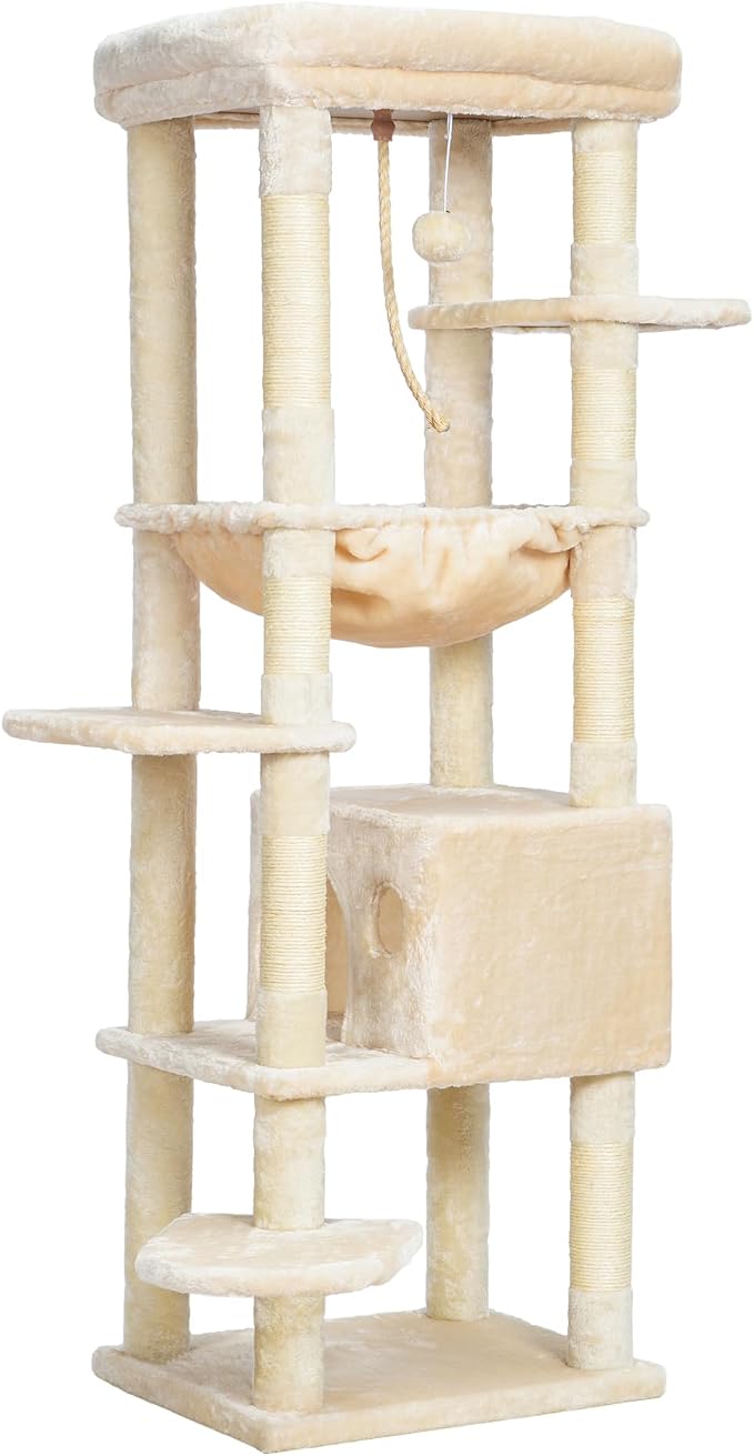Heybly Cat Tree for Large Cats, 20lbs Heavy Duty, 60 inches HCT050M | Cat Tower for Indoor Cats with Big Padded Plush Perch, Multi-Level Furniture Condo with Cozy Basket, Beige