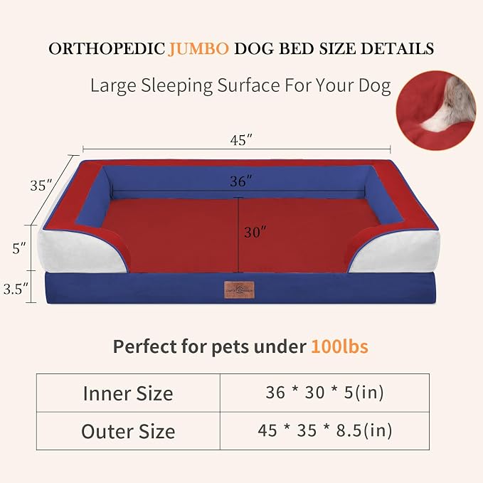 Comfort Expression Orthopedic Dog Bed for Extra Large Dogs with Bolster | Waterproof Dog Couch Bed with Washable Cover & Non-Slip Bottom, Supportive Egg Crate Foam XL Pet Bed, 45x35 Inch