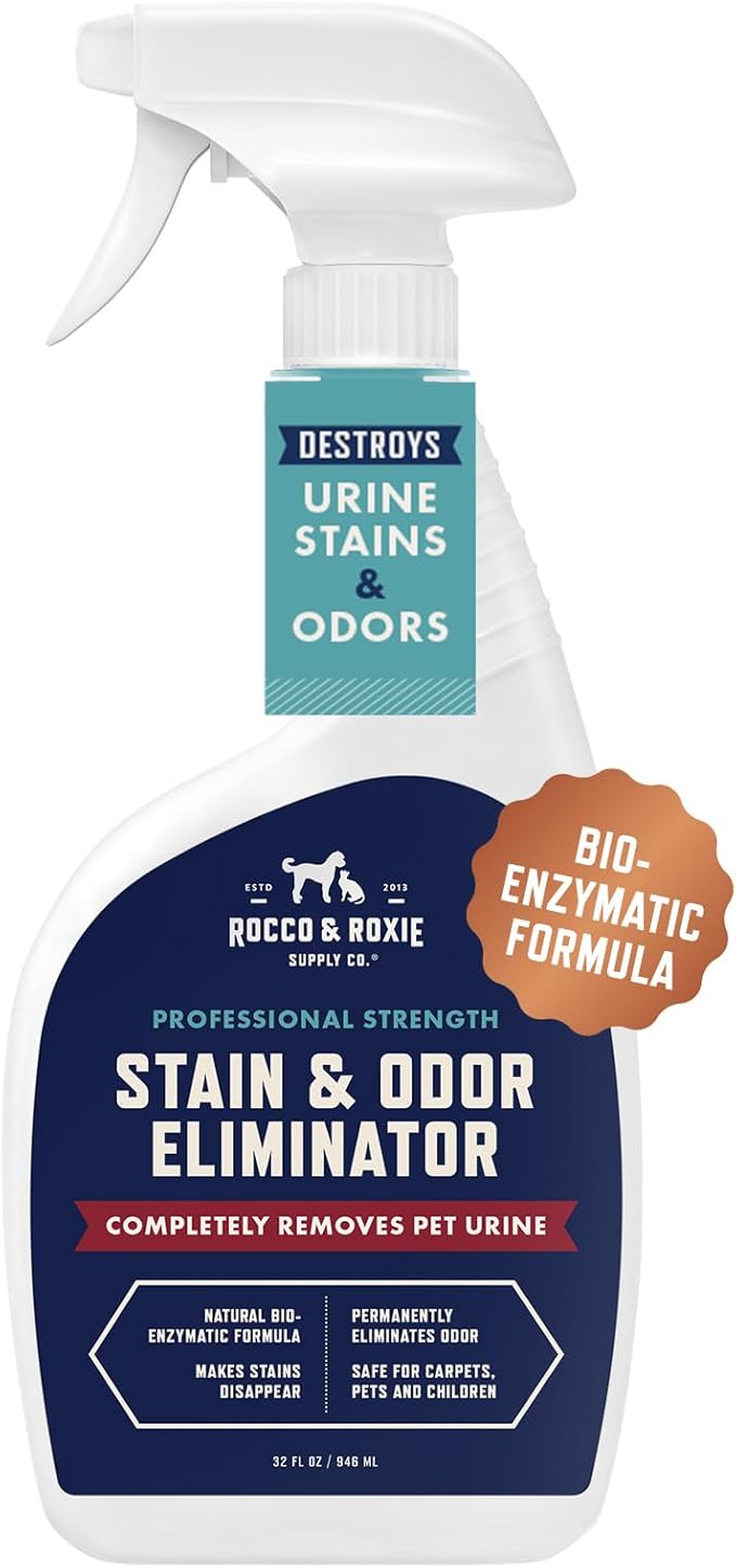 Rocco & Roxie Enzyme Stain & Odor Eliminator, 32 Fl Oz | Bio-enzymatic urine destroyer; CRI Certified Safe; made in USA; for carpets, bedding, litter boxes, crates & cars