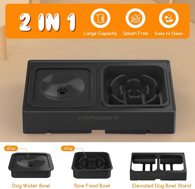 URPOWER 2-in-1 Elevated Slow Feeder Dog Bowls with No-Spill Water Bowl | 4 Height-Adjustable Raised Dog Bowls, Non-Slip Food and Water Bowls with Stand for Small, Medium, Large Dogs, Cats and Pets