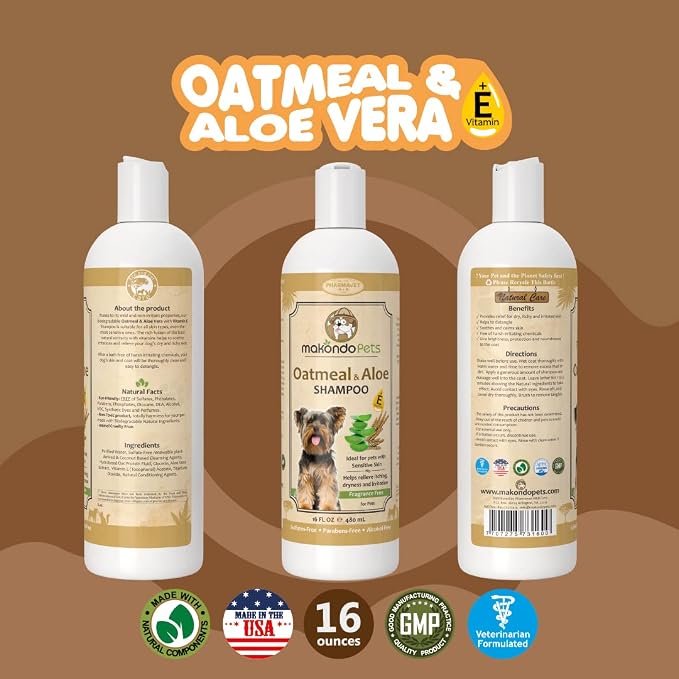 Oatmeal Shampoo for Dogs with Aloe Vera. Mild for Sensitive Skin. 16 Oz | Hypoallergenic ideal for Allergies and Itching. Fragrance Free Puppy Shampoo. All Breeds and Ages.
