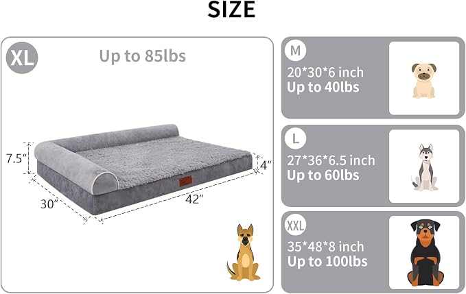 Orthopedic Dog Bed, Pet Sofa with Bolster for Extra Large Dogs | Egg Crate Foam, Removable Washable Cover, Waterproof Lining, Non-Slip Bottom, L-Shape, Cozy Plush, 42 x 30 Inch, Grey