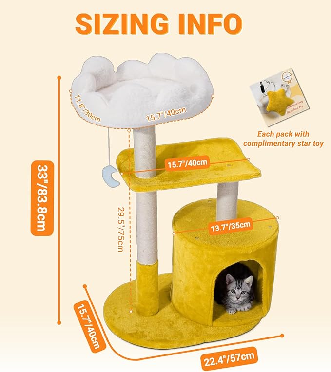 33" Cloud Cat Tree Tower, Cozy Bed & Large Condo for All Cats | 33" Multi-Level Cat Tower, Scratching Posts, Viewing Perch & Toys, Stable Structure, Padded Bed, 13.7"x11.8" Cat Condo