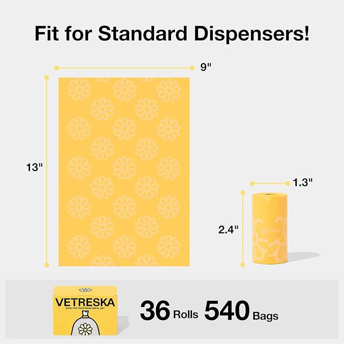 VETRESKA Dog Poop Bag Rolls Daisy Scented Leak-proof Pet Waste Bags Thick and Large Trash Bags for Dog Walking 36 Refill Rolls 540 Bags