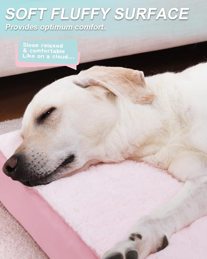 KSIIA Orthopedic Dog Bed for Large Dogs with Waterproof Lining, Pink, 35x22 | Deluxe Soft Plush Dog Crate Bed, Washable Pet Mat with Removable Cover & Egg Crate Foam for Large Dogs Sleeping & Relaxing
