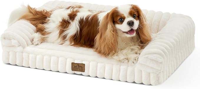 COZY KISS Ultra Soft Faux Rabbit Fur Dog Bed for Small Dogs – 30"x20" Orthopedic Foam Couch, Removable Washable Cover & Waterproof Lining, Cream