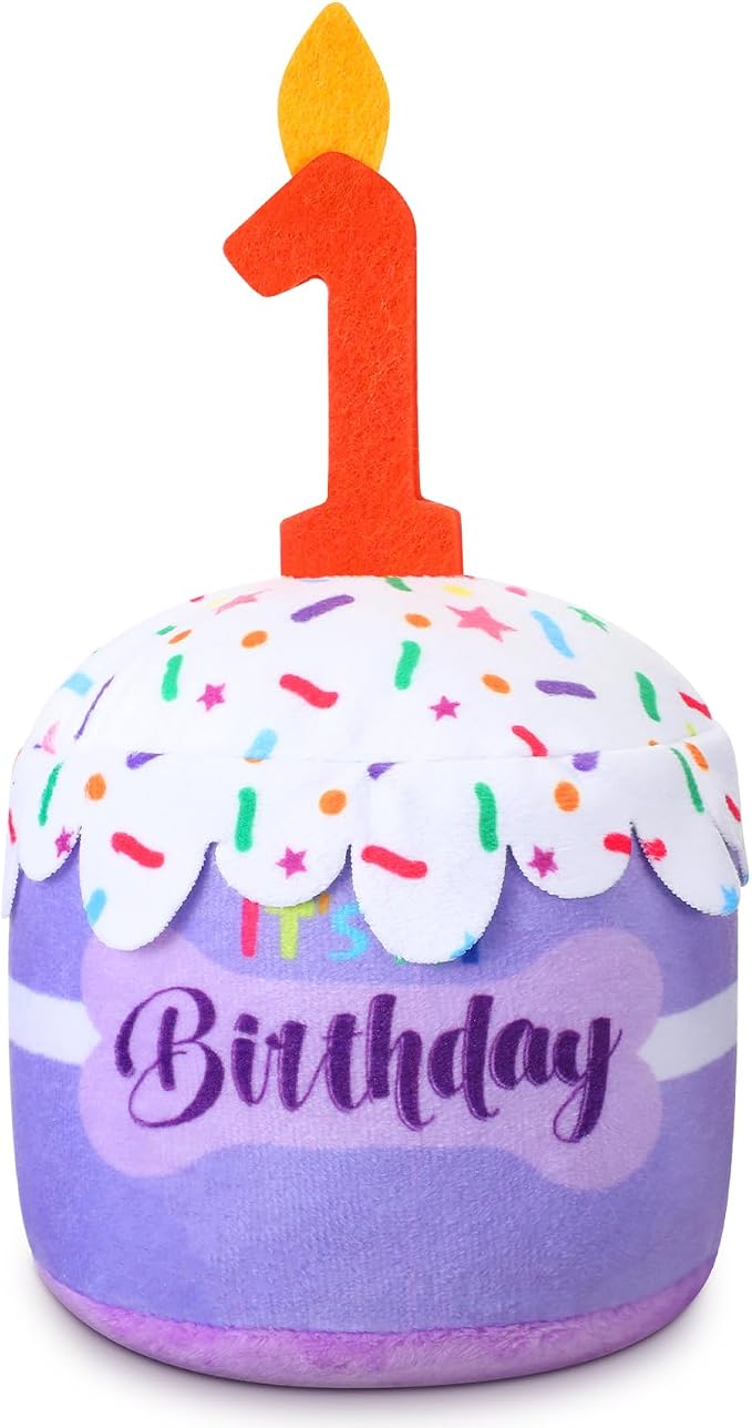 Dansydaisy Dog Birthday Cake Toy Squeaky Plush Toy for Girl Boy Gifts, Chew Accessories for Dog Birthday Party Decor Favor for Large, Medium and Small Dogs(1st,Purple)