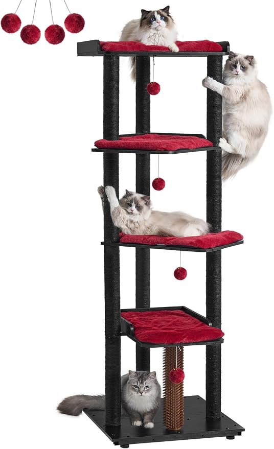 Heavy Duty Cat Tree, 67.7" Cat Tree for Indoor Cats Large Adult, Modern Cat Tower for Large Cats, Cat Tower with Scratching Post, Large Perch and Removable Pads,Black & Red