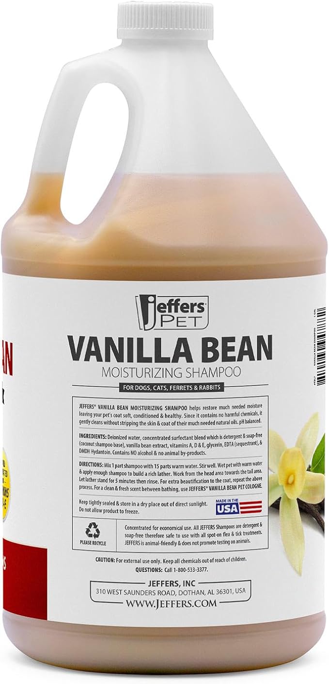 Jeffers Pet Vanilla Bean Moisturizing Shampoo for Dogs & Cats, 128 oz - Concentrated Deodorizing Shampoo, Moisturizing Formula for Dry Skin, Detergent Free, pH Balanced, Coconut Based, Made in USA
