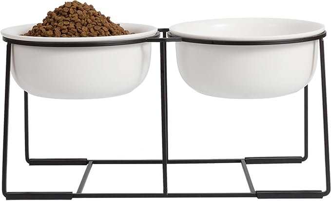 Ceramic Elevated Dog Bowl Set - Raised Double Feeding Bowls with Metal Stand - Pet Dishes for Medium and Large Dogs - 5.8 Cups - 47.3 fl oz - Matte White