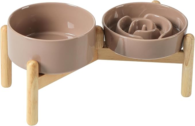 Havniva 6.1” Raised Slow Feeder Dog Bowls Set, 0.9 Cups Ceramic Slow Feeder Dog Bowl and 6.1” Dog Water Bowl with Elevated Wooden Stand Puzzle Dog Food Bowl for Small Dogs Anti-Gulping & Anti-Choking