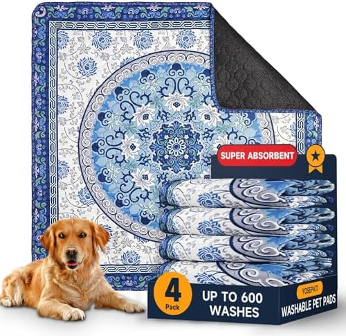 Washable Pee Pads for Dogs 4 Pack,18"x24" Waterproof Non-Slip Reusable Puppy Pad with Fast Absorbent,Leakproof Whelping Pads for Pet Housebreaking (Indigo Blue Medallion, 18"x24"(Pack of 4))
