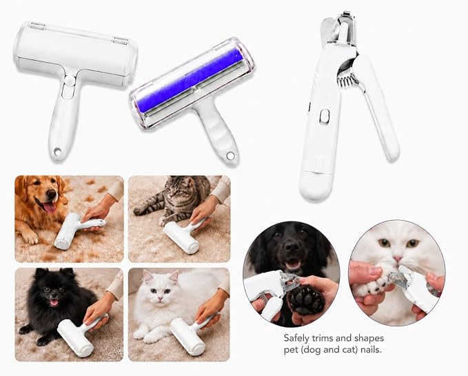 2-in-1 LED Pet Nail Clipper & Grinder with Hair Remover Included, USB Rechargeable Dog & Cat Nail Trimmer with Safety Guard, Low Noise Grooming Tool for Small Medium Large Pets, White