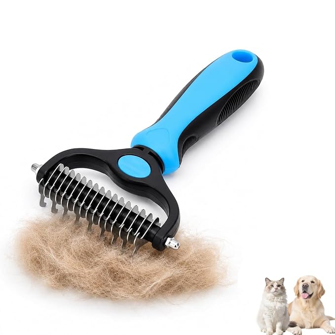 Dematting Comb for Dogs and Cats, Undercoat Pet Brush for Long Hair, Deshedding Brush for Dog Removes Tangles Knots and Loose Fur, 2-In-1 Double Tooth Comb Undercoat Rake Dog Brush