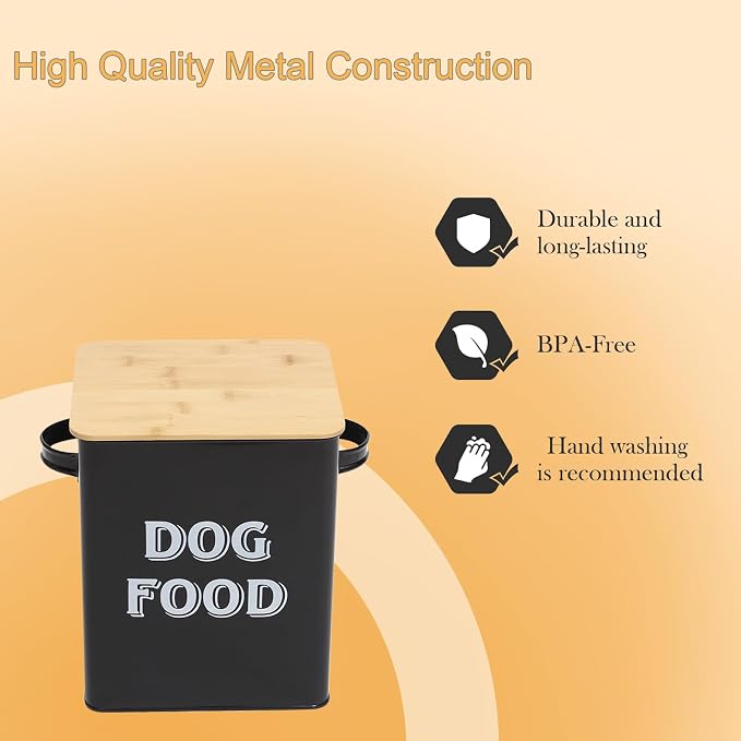 Pethiy Dog Food and Treats storage tin Containers Set with Scoop for Dogs-Tight Fitting Wood Lids-Coated Carbon Steel-Storage Canister Tins-Black