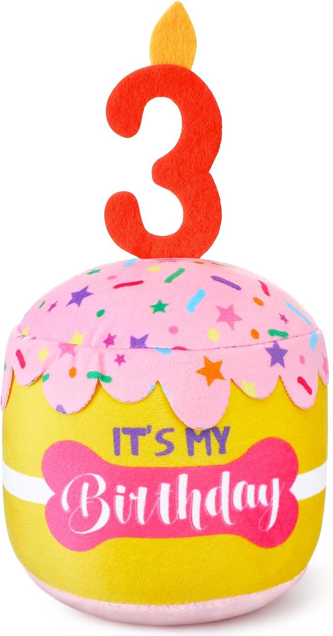 Dansydaisy Dog Birthday Cake Toy Squeaky Plush Toy for Girl Boy Gifts, Chew Accessories for Dog Birthday Party Decor Favor for Large, Medium and Small Dogs(3rd,Pink and Yellow)