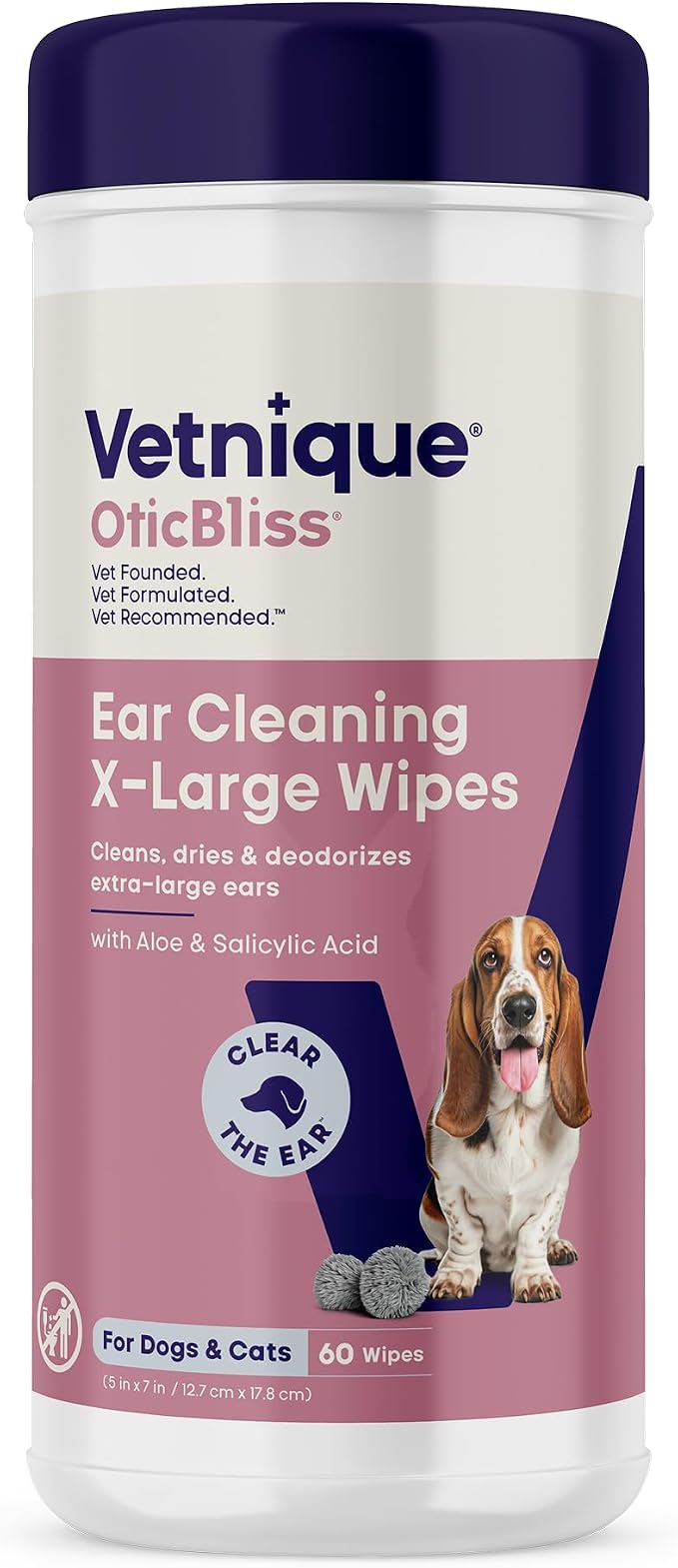 Vetnique Oticbliss XL Cat & Dog Ear Wipes, Ear Cleaner for Wax, Dirt & Odor | Pre-Moistened Large Ear Cleaning & Deodorizing Wipes With Salicylic Acid & Aloe Vera, Wipe Away Wax, Dirt & Odor, Cat-Safe