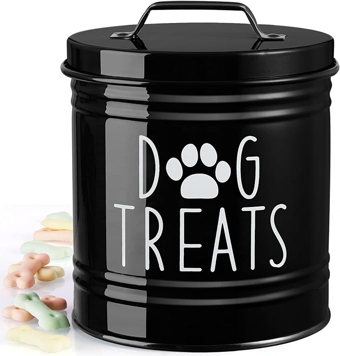 OUTNILI Large Dog Treat Container Airtight - 6.6" Tall X 6" Round Black Dog Treat Jar for Kitchen Counter - Rustic Treat Storage Canister for Dogs, Cats, Small Animals